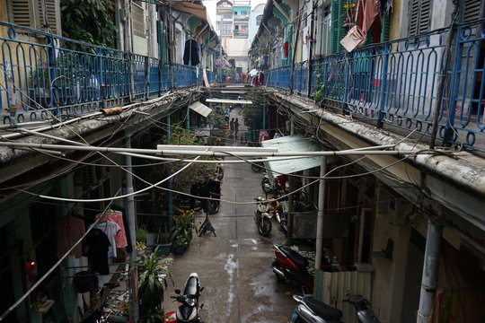 Block of houses at Hao Si Phuong alley in District 5, Ho Chi Minh City. This 100 years old ancient town located on narrow street at 206 Tran Hung Dao B Street, China town.