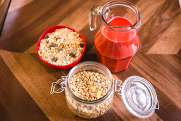 Healthy breakfast. Slices of banana, with oats and cereals.