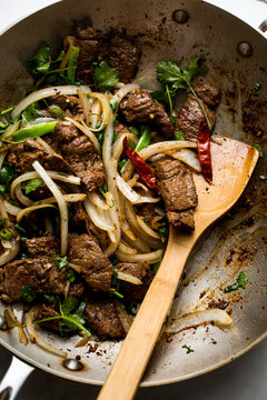 Close up of cumin lamb stir fry