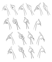A Set of Vector Cartoon Illustrations. Hands with Different Gestures for you Design.  Felt-tip pen.  Handle. Pencil. Brush. Coloring Book. Outline 