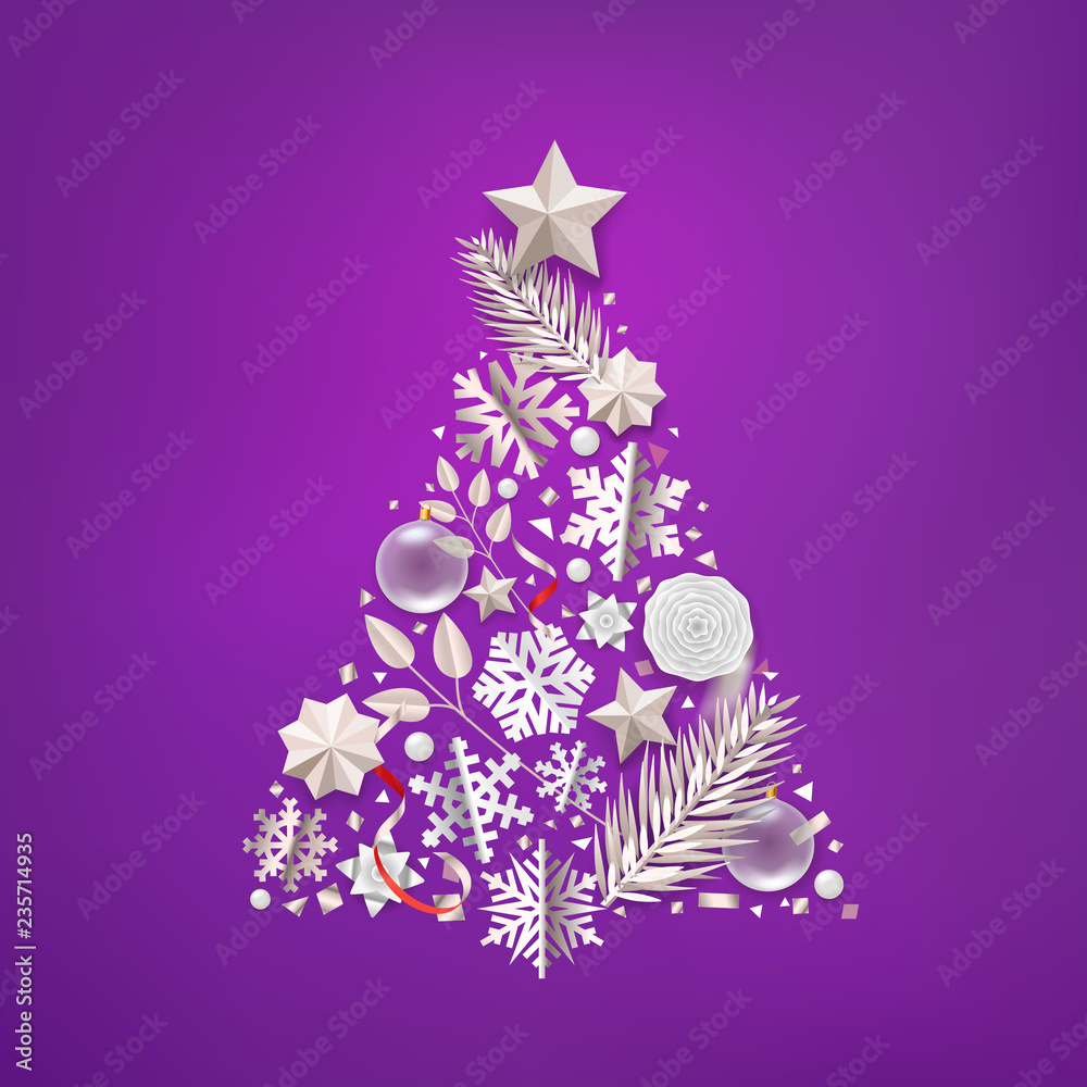 Poster abstract christmas tree with different accessory. vector illustration