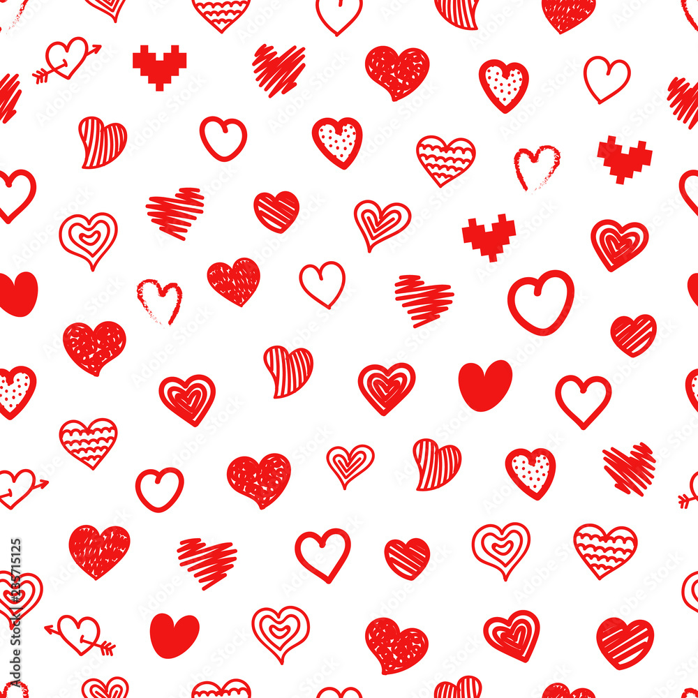 Poster different sketch style hearts seamless pattern