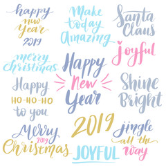 Set Merry Christmas and Happy New Year 2019 Vector hand drawn lettering phrases