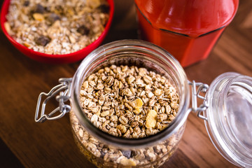 Healthy breakfast. Slices of banana, with oats and cereals.