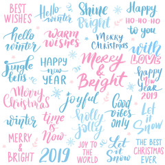 Set Merry Christmas and Happy New Year 2019 Vector hand drawn lettering phrases