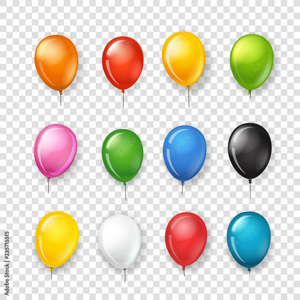 Poster different color rubber balloons vector collection isolated on transparent background. vector clipart
