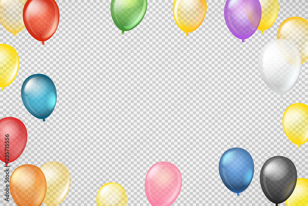 Poster Flying color transparent balloons on transparent background. Frame rof a text