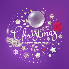 Fototapeta premium Merry Christmas and Happy New Year lettering. Vector greeting card