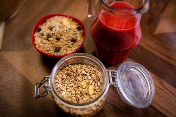 Healthy breakfast. Slices of banana, with oats and cereals.