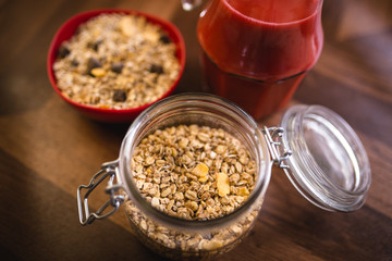Healthy breakfast. Slices of banana, with oats and cereals.