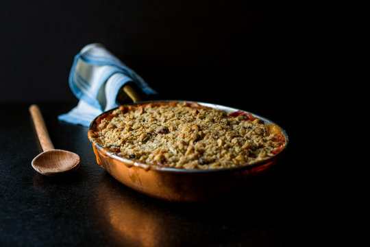 Close up of beet, greens and cheddar crumble in casserole