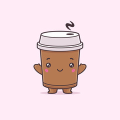 Cute coffee to go cup cartoon kawaii mascot character vector illustration