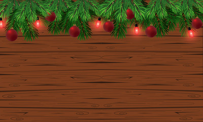 Vector holiday wood texture background with fir branches and Christmas lights Christmas & New Year design: wooden background with Christmas lights garland. Vector illustration