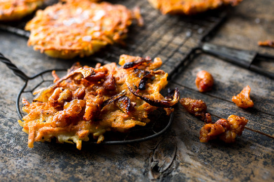 Close up of schmaltz latke on wooden table