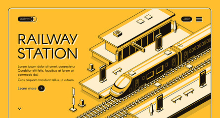 Railway station isometric vector web banner with high-speed express train stopping to picking up passengers line art illustration. Modern city transport infrastructure. Travel company landing page © vectorpouch