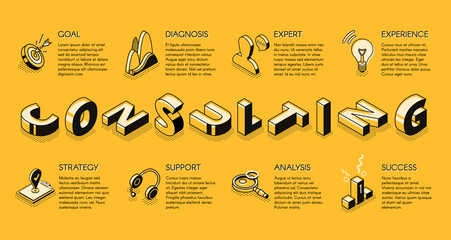 Business consulting services line art, isometric vector banner. Expert support in financial analysis, management and strategical planning concept. Investment company, business courses landing page