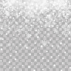 Falling snowflakes on transparent background for Christmas or New Year. Vector