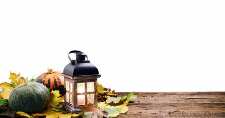 Colorful autumn pumpkins and lantern