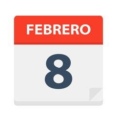 Febrero 8 - Calendar Icon - February 8. Vector illustration of Spanish Calendar Leaf