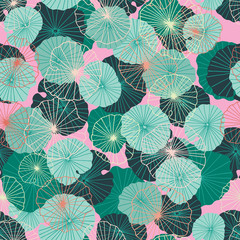 Colorful waterlily leaves in a tropical, exotic style. Seamless vector pattern or background. © KaliaZen