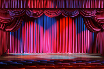 Empty theater stage with red velvet curtains. 3d illustration - obrazy, fototapety, plakaty