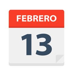 Febrero 13 - Calendar Icon - February 13. Vector illustration of Spanish Calendar Leaf