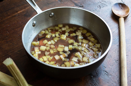 Close up of celery stock in saucepan