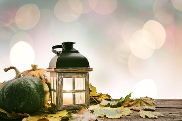 Colorful autumn pumpkins and lantern