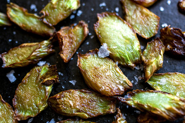 Close up of fried broccoli stem slices