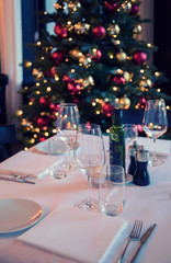 restaurant table and christmas tree
