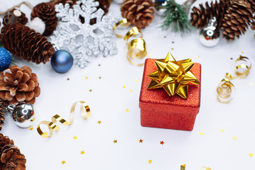 Christmas card: red gift box and Christmas tree branch on white background