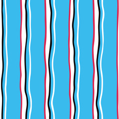 Seamless pattern of stylized wavy red, blue, white and black stripes on a white background.