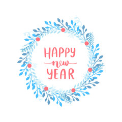 Merry Christmas and Happy New Year vector card. Holidays frame with leaves and branches.