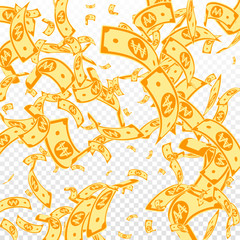 Obraz premium Korean won notes falling. Random WON bills on tran