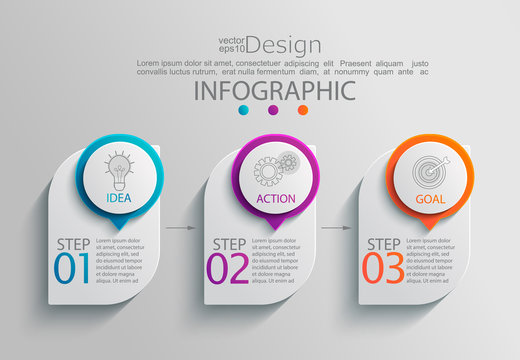 Paper infographic template with 3 options for presentation and data visualization. Business process chart.Diagram with three steps to success.For content, flowchart, workflow.Vector illustration