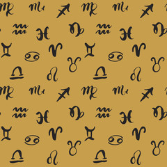 Zodiac signs seamless pattern. Hand drawn horoscope astrology symbols, grunge textured design, typography print, vector illustration