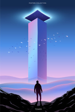 Surreal vector poster. Motivation and success. Tower.
