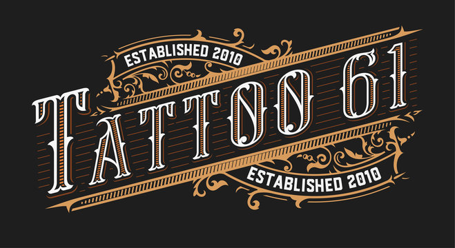 Tattoo logo template. Old lettering on dark background with floral ornaments. Vector layered