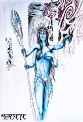 Four-handed woman from the planet Pandora. Blue avatar man. Elf girl is very beautiful with tits and four arms.