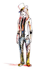 Girl in a hat and a suit. Drawing with colored pencils