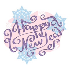 Lettering Happy New Year witn snowflake emblem. Vector design Usable for banners, greeting cards gifts etc.