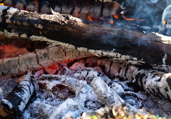 Smoldering embers of fire, live coals, burning charcoal, macro, texture