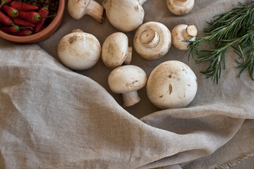 Champignon mushrooms on a gray cloth