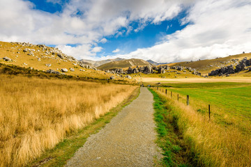 Fototapeta na wymiar Beautiful mountain green and yellow landscape with huge boulders and rock outcrops at Kura Tawhiti, Castle Hill Conservation Area, on The Great Alpine Highway on South Island, Canterbury, New Zealand.