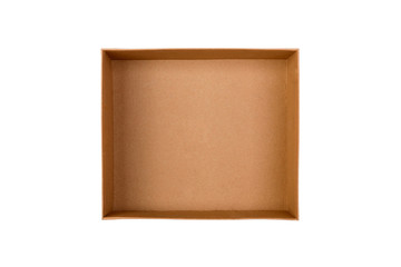 Opened brown blank cardboard box isolated on white background, top view