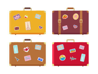 Luggage Traveling Bags with Stickers Set Vector