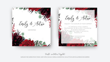 Wedding vector Floral invite, invitation save the date card design. Watercolor style drawn Red wine rose flower, burgundy dahlia, eucalyptus greenery branches, berries frame, border. Bohemian template