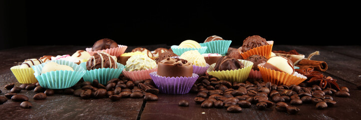 a lot of variety chocolate pralines, belgian confectionery gourmet chocolate.