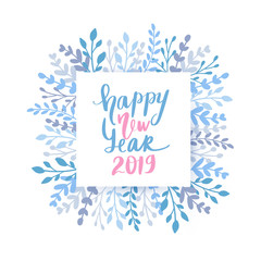 Merry Christmas and Happy New Year vector card. Holidays frame with leaves and branches.