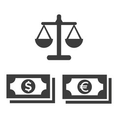 Scales icon and money icon on white background.